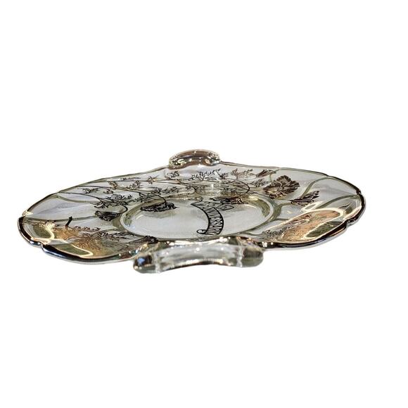 25th Anniversary Platter Handled Plate Silver Overlay Flowers Wedding - Picture 8 of 15